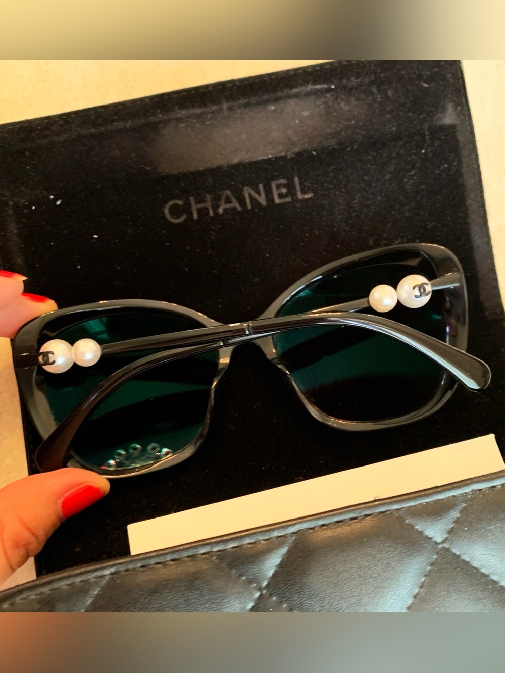 CHANEL Black Sunglasses with Pearl Accent and CC Logo